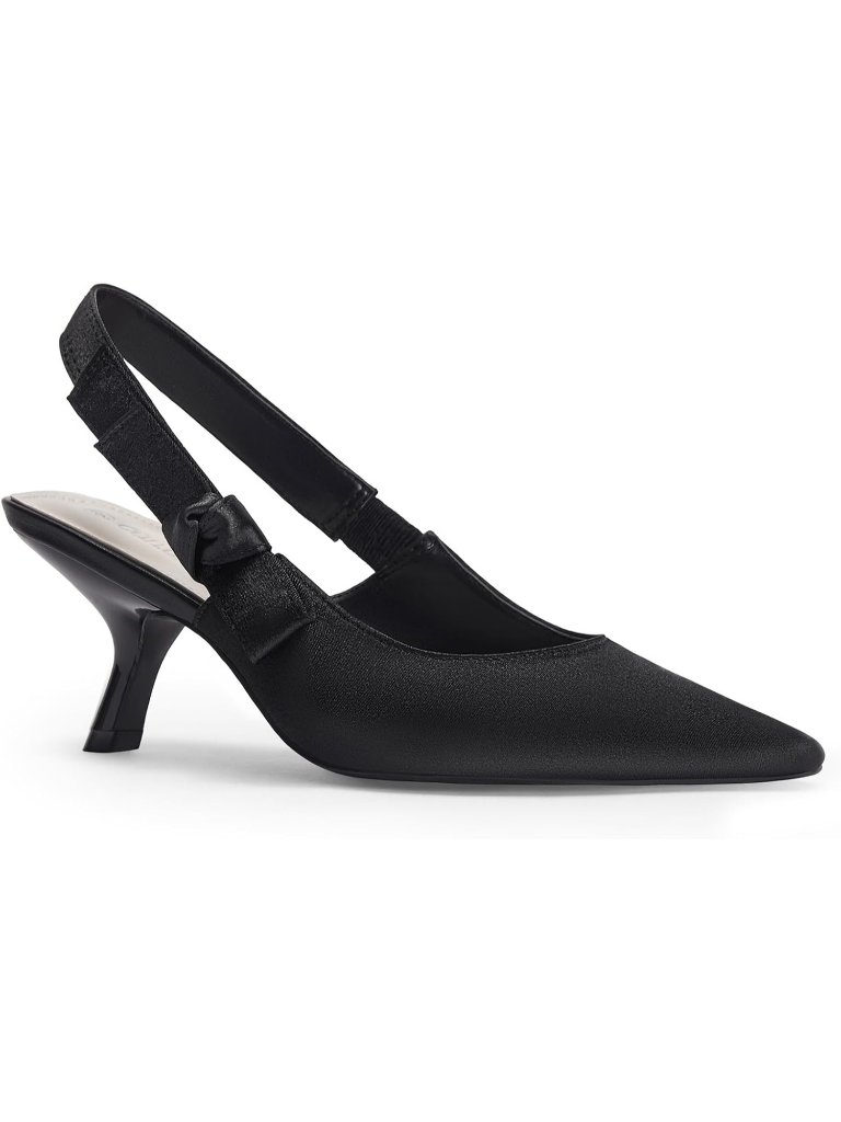 Women's Black Satin Slingback Kitten Heels Closed Pointed Toe Bowknot Slip On